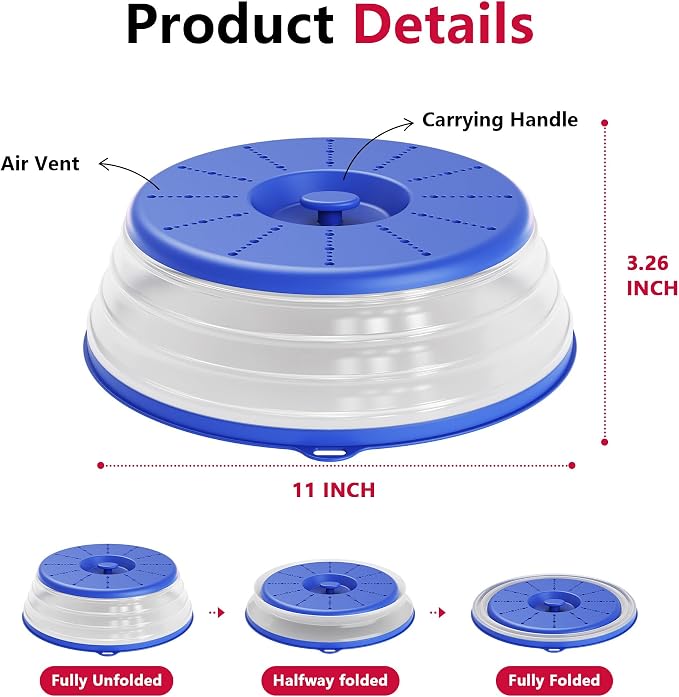 WVM Microwave Splatter Cover Vented for Food with Hook Hole, Splatter Guard & Colander Kitchen Gadget for Food, Meal Prep, Blue, M(11"x3.26")-Pack of 1