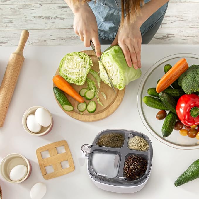 Seasoning Box with Lid and Spoon, 4 Compartment Spice Pots with Handle, Home Kitchen Condiment Jars for Sugar Salt Pepper