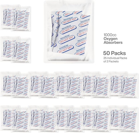 1000cc (25 Bags of 2 Packets, Total 50 Packets) Oxygen Absorbers for Food Storage, Food Grade Oxygen Absorbers Packets with Oxygen Indicator for Long Term Storage and Preservation(1000CC(50-Pack))