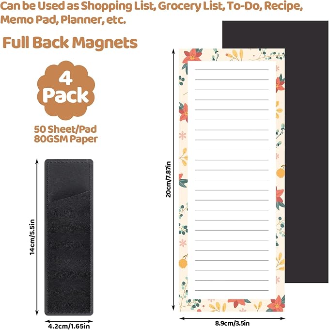 Thboxes 4 Pack Magnetic Note Pad for Fridge with Pen Holder, Totally 200 Sheets Magnetic To Do List, Shopping List, Grocery List, Memo Pads for Refrigerator(Floral Design)