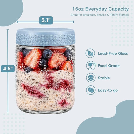 ColoVie 6-Pack Glass Overnight Oats Containers with Airtight Lids - 16oz Decorative Mason Jars for Meal Prep, Chia Seed Pudding, Salad, Snacks & Spice Storage - Wide Mouth, Dishwasher Safe