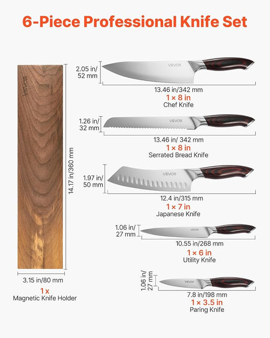 VEVOR Kitchen Knife Set, 6 Piece High Carbon Stainless Steel Sharp Knife Set, Professional Kitchen Cutlery with Ergonomic Crack-Resistant Handle, and Walnut Finish Powerful Magnetic Knives Holder