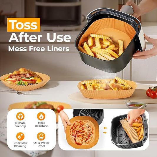 Vailnd 9inch Square Air Fryer Disposable Paper Liners, 125PCS Non-Stick Food Grade Parchment Paper, Oil Resistant, Waterproof, Food Grade Baking Paper for 10-12 QT Air Fryer Microwave