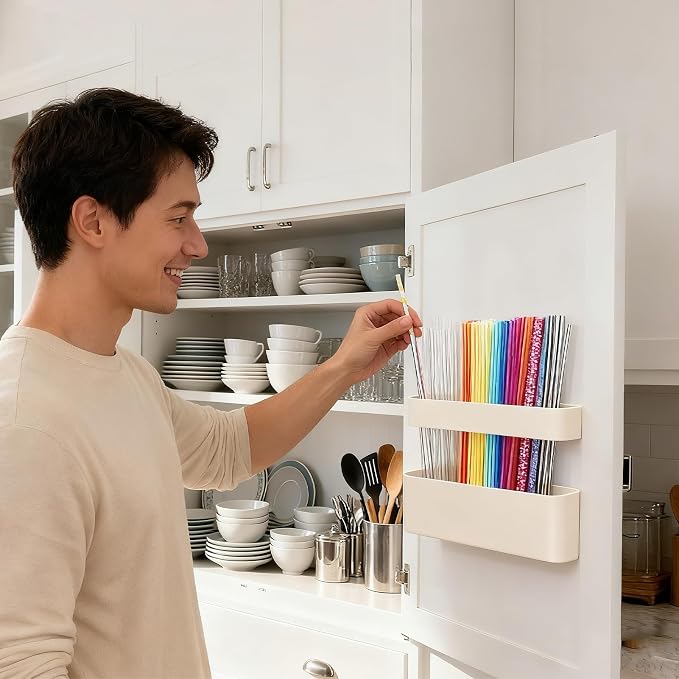 MoodLife Straw Holder for Cabinet Door, 2 Pack Silicone Peel and Stick Straw Organizer, Adhesive Kitchen Cabinet Cupboard Storage Holder for Straws, Spoons, Coffee Bar, Pantry (White)