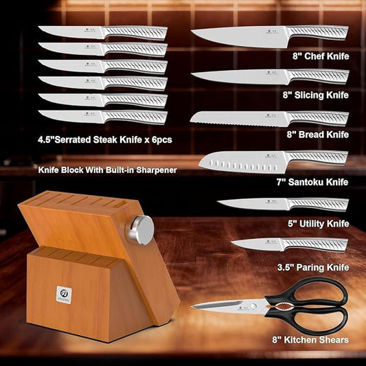 imarku 14-Piece Knife Set with Block, High Carbon Stainless Steel Kitchen Knives with Built-in Sharpener, Dishwasher Safe, Ergonomic Non-Slip Handle, Perfect for Home Cooks & Chefs, Brown