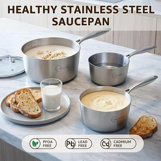LOLYKITCH Tri-Ply Stainless Steel Saucepan Set with Glass Lids, 1 & 2 & 3QT Cooking Pots, Uncoated Heavy Bottom Metal Sauce Pans for Induction Cooktop, Ergonomic Handle
