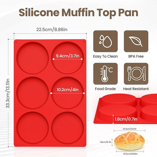 Redfly Silicone Egg Molds for Breakfast Sandwiches 4 Pcs, Non Stick 4 Inch Egg Bites Baking Pans, Jumbo Silicone Muffin Pans for Baking, Round Muffin Top Pan for Whoopie Pie Pan, Hamburger, Fruit Tart
