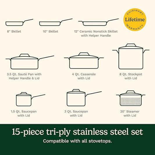 Cuisinart 12-Piece Cookware Set, MultiClad Pro Triple-Ply Stainless Steel Cookware Set, Heat Surround Technology, Cool Grip Stick Handles, Oven Safe up to 500F, MCPS-15N, Silver