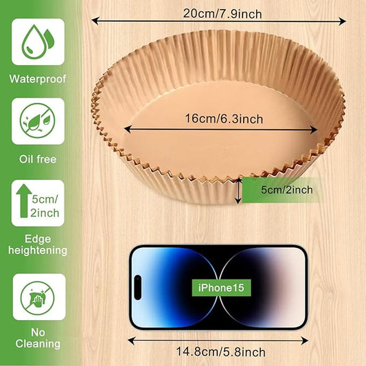 200pcs Air Fryer Disposable Paper Liner, Non-Stick Disposable Air Fryer Parchment Paper Liners, Baking Paper for Air Fryer Oil-Proof, Water-Proof, Food Grade Parchment(6.3" in Bottom, 8" on top)