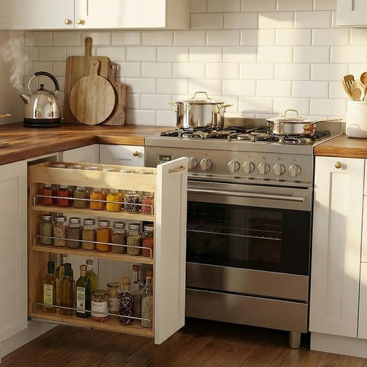 Pull Out Spice Rack Organizer for Cabinet, 8" W x 22.3" D x 25.2" H Multi-Use Solid Wood Slide Out Shelf for Kitchen Cabinet, Sliding Spice Rack for Cans & Jars, Pantry Organization
