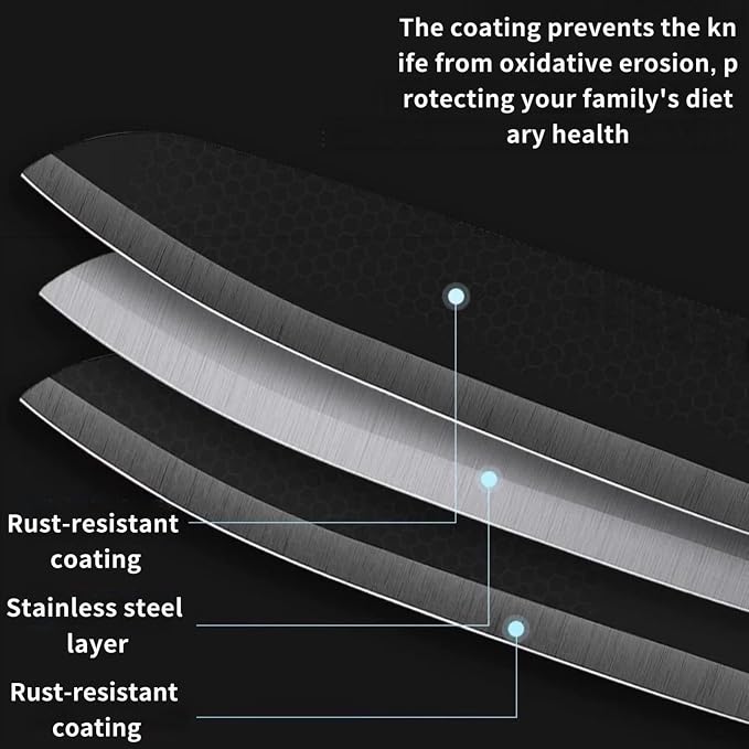 3-Piece Black Non-Stick Kitchen Knife Set, Rust Resistant Stainless Steel Chef Slicing Paring Knives, Comfort Wood Handle Cutlery for Home Camping BBQ, Housewarming Cooking Gift