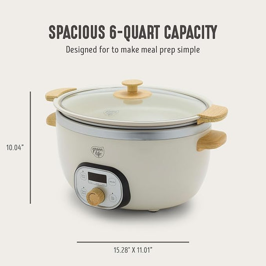 GreenLife 6QT Slow Cooker, Non-Toxic PFAS-Free Ceramic Nonstick Removable Interior Bowl, Programmable, Family Friendly, Keep Warm, Stovetop & Oven Safe, Dishwasher Safe Crock, Timer, Glass Lid, Cream