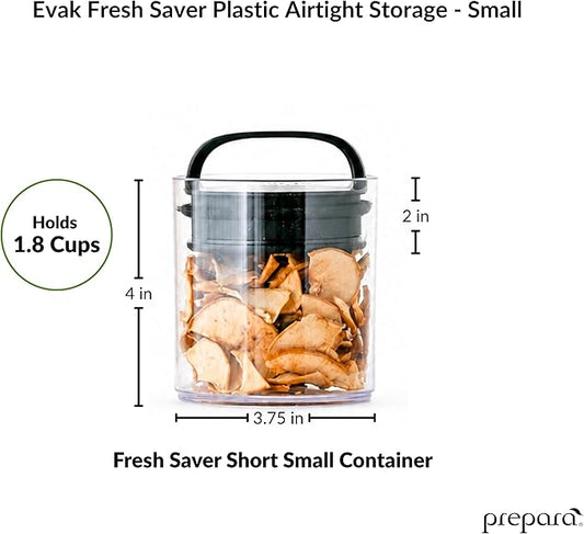 Prepara Evak Fresh Saver Airtight Plastic Container, Small (4” x 3.75”, 1.8 Cups), BPA-Free Food Storage Canister Vacuum Sealed Lid Handle, Odor Resistant, Ideal for Coffee Beans & Dry Goods