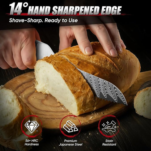 Huusk Serrated Bread Knife 8", Stainless Sourdough Bread Knife with Resin Handle & Cover for Homemade Breads Slicing, Hand Sharpened Breads Cutting Knives for Cake, Bagels, Baguettes, Gift Box