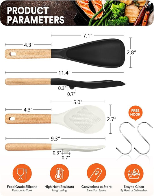 Cooking Spoon and Rice Scooper for Nonstick Cookwares, Great for Cooking and Serving Sturdy BPA-Free Matte Silicone, Wood Handle Spoon for Mixing, Scoop, and Scrape (Black Spoon & White Scooper)