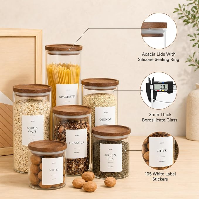 Set of 3 Glass Pantry Jars with Acacia Wood Lids, 45oz Airtight Glass Kitchen Canisters with 105 Labels, Clear Pantry Storage Containers for Coffee, Sugar, Oats, Pasta, Cookies