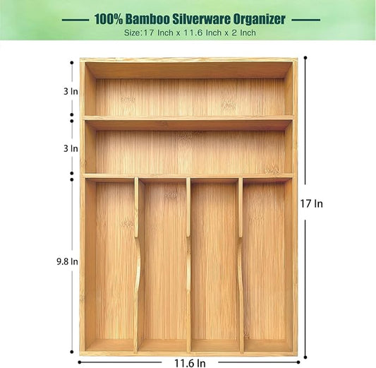 guiogc Bamboo Kitchen Drawer Organizer, 11.6" W x 17" H Silverware Utensil Tray Holder, Wood Cutlery Tray for Silverware, Flatware, Bedroom, Organization of office supplies