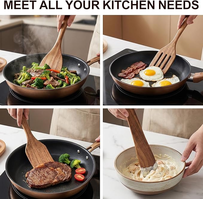 4 Pcs Acacia Wooden Spatula Set Non Toxic Kitchen Utensil Set Slotted Turner Flat Wood Wok Spatulas for Cooking Spoon Kitchen Spurtle Bamboo Cooking Utensils Fish Egg Flipper Spatula Cast Iron Scraper
