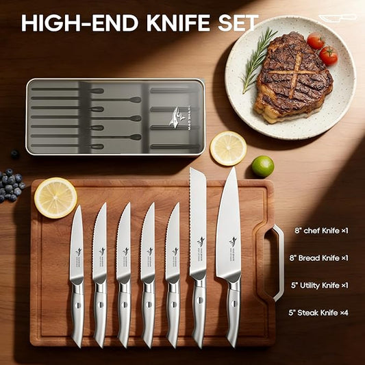 MAD SHARK Knife Set, Kitchen Knife Block Sets 8Pcs, High Carbon Stainless Steel, Ultra Sharp Kitchen Knives Sets, Non-Slip Ergonomic Handle, Includes Drawer Organizer, Gift Ready