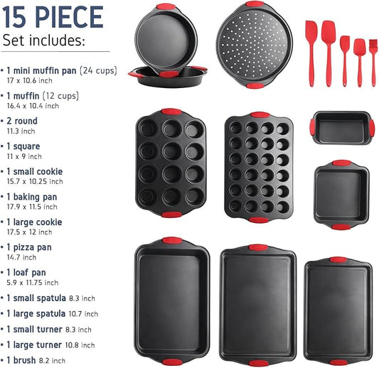Baking Pan Set, 39 Piece Premium Baking Set, Nonstick Bakeware Sets BPA Free, Cookie Sheets for Baking Nonstick Set, Steel Baking Sheets for Oven with Muffin Pan, Cake Pan & Red Kitchen Utensils