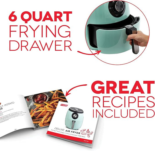 Dash Deluxe Air Fryer - Adjustable Temperature Control & Auto Shut-Off Feature - AirCrispยฎ Technology - Spacious Nonstick Basket - 1700 Watt - 6 Quarts - Aqua