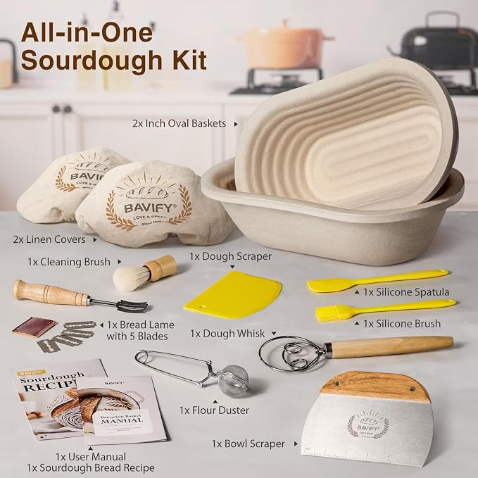 Wood Pulp Banneton Bread Proofing Baskets Set of 2, 11 Inch Oval 750G Sourdough Proofing Basket Kit with Linen Covers, Dough Whisk, Scraper, Bread Lame & Flour Duster, Non-Stick Bread Bowl