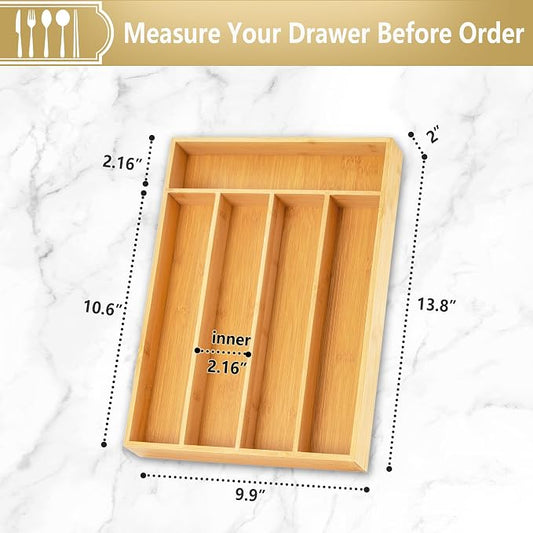 Silverware Organizer, 2 Pack 10 Inch Utensil Organizer Kitchen Drawer Organizer Bamboo Silverware Holder Cutlery Tray Organizer in Drawer Flatware Organizer Tray(5 slots, Natural)