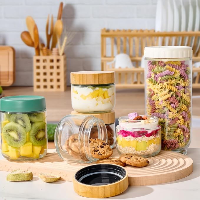 Hoa Kinh 9oz 12Pack Glass Food Storage Jars with Lids, Leak Proof Small Glass Jars for Overnight Oats, Cereal, Empty Jar with Woodgrain Lids for Kitchen