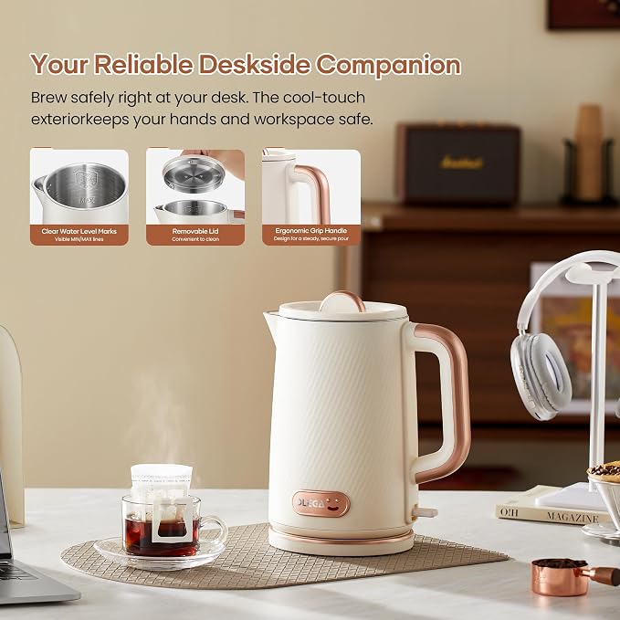 OLEGA Electric Kettle: 1200W Fast Boil Electric Water Kettles, 1.5L Double Wall Stainless Steel Tea Kettle, Auto Shut-Off, BPA-Free Hot Water Boiler Teapot for Coffee & Tea -Beige