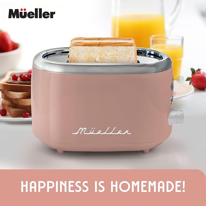 MUELLER HOME Retro Toaster 2 Slice, 7 Browning Levels, 3 Functions (Reheat, Defrost, Cancel), Stainless Steel Features, Removable Crumb Tray, Under Base Cord Storage, Pink Kitchen Accessories Décor