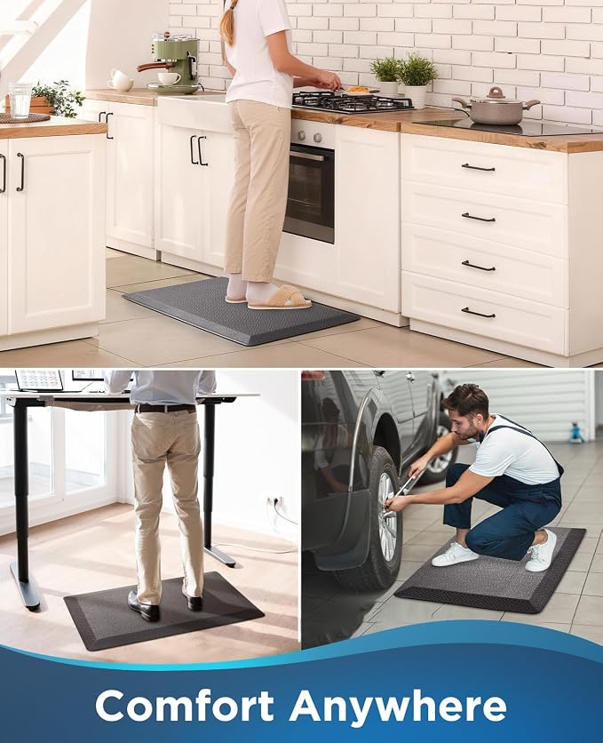Ophanie Kitchen Mats for Floor, 3/4 inch Thick, 17x28 Anti Fatigue Cushioned Mat, Kitchen Rugs, Waterproof, Comfort Ergonomic Standing Mat for Office, Home, Sink, Charcoal Non-Slip Ridged Bottom