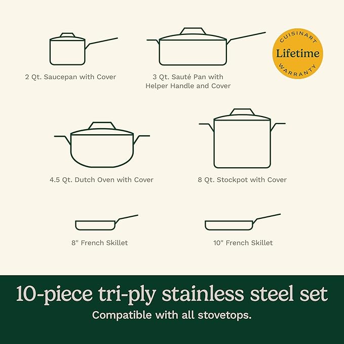 Cuisinart French Classic Tri-Ply Stainless 10-Piece Cookware Set, Silver
