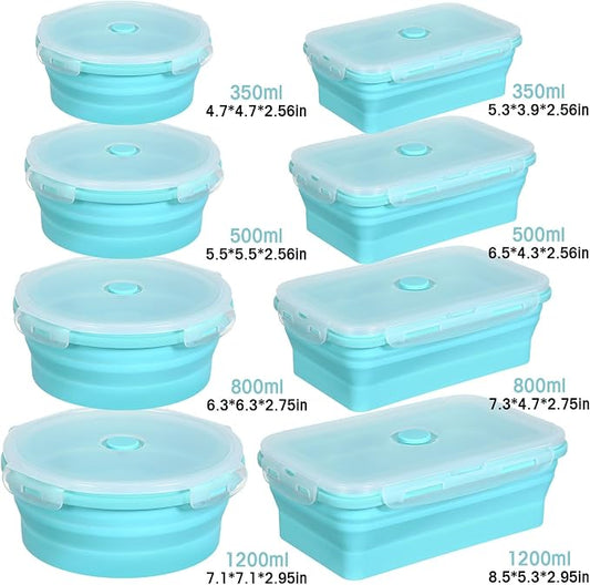 Yaomiao 16 Pack Collapsible Food Storage Containers with Lid Foldable 8 Pcs Rectangle Storage Bowl and 8 Pcs Round Silicone Food Bow for Lunch Camping Rv Accessories Microwave Freezer(Blue)