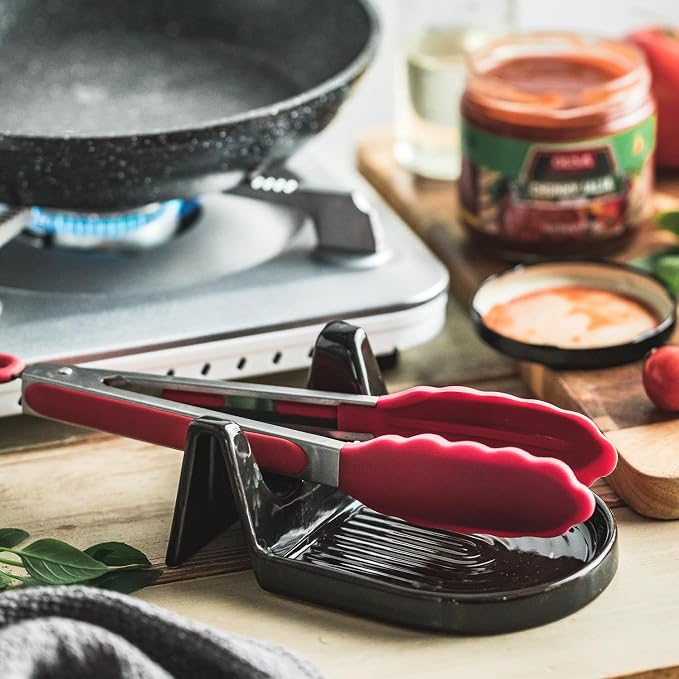 Ceramic Spoon Rest for Countertop Heat-Resistant Spoon Rest with Slot Easy for Tong and Spoon Kitchen Gadgets & Kitchen Utensils Holder, Black with White Splash