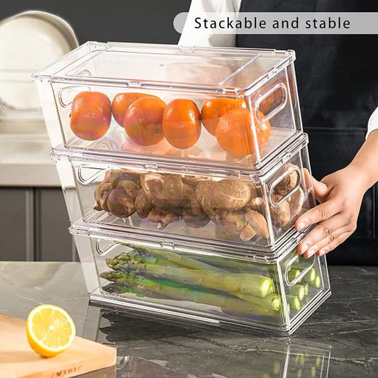 MANO Fridge Drawer Pull Out Stackable Bins with Handle Clear Refrigerator Drawers Organizer Food Storage Container Box Plastic Produce Saver for Pantry, Cabinet, Kitchen, Clothes(4Pack)