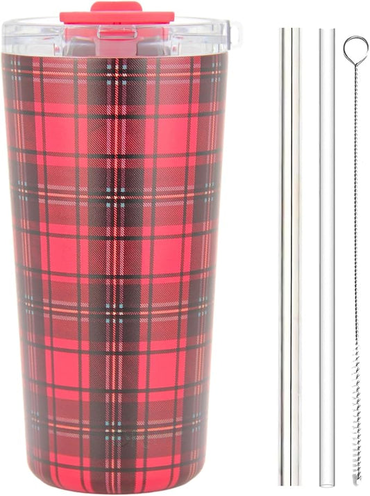 Drinco - 20 oz Stainless Steel Tumbler | Double Walled Vacuum Insulated Mug With Lid, 2 Straws, For Hot & Cold Drinks (20oz Tartan Plaid)