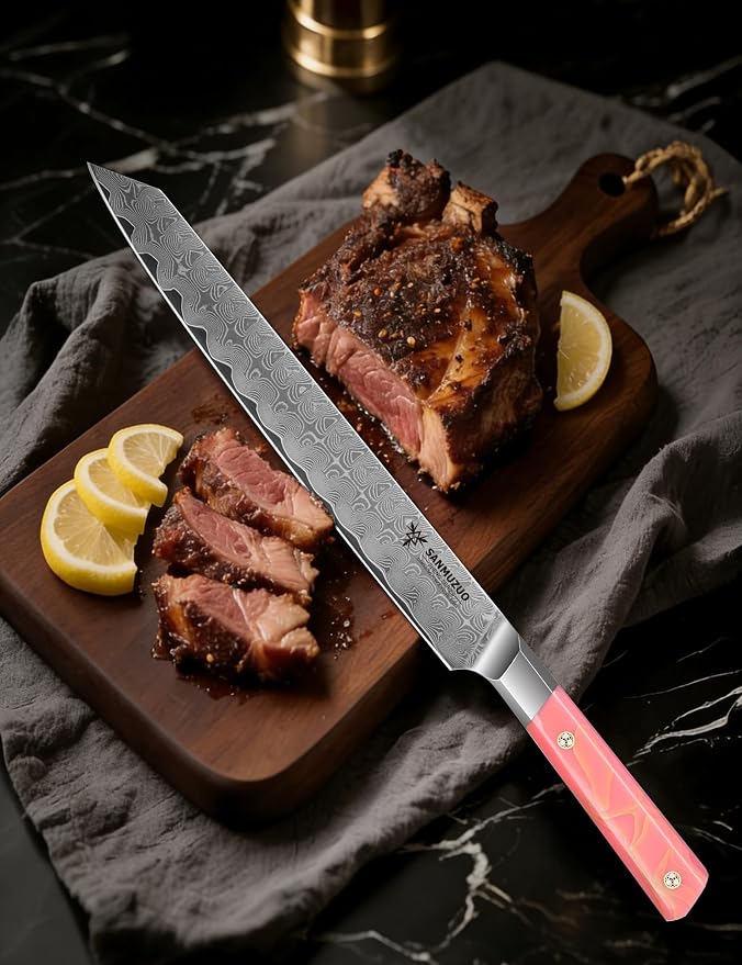 Meat Carving Knife 10 Inch, Professional Kitchen Slicing Knife, Ultra Sharp Damascus Powder Steel with Full-tang Resin Handle, SHENG Series