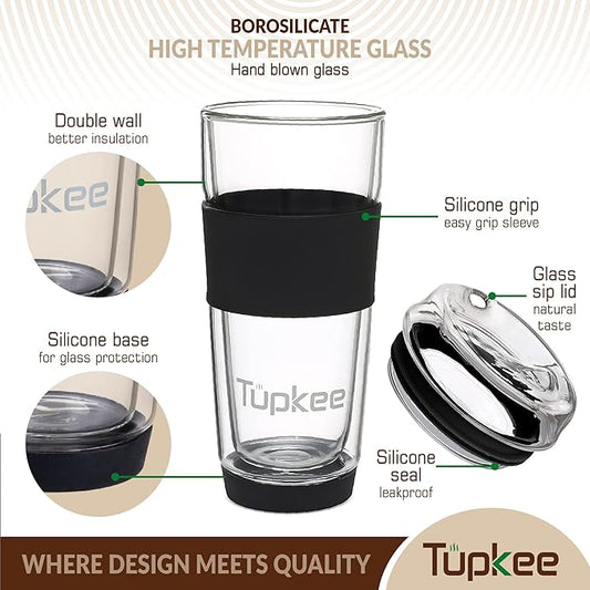 Double Wall Glass Tumbler - 14-Ounce, All Glass Reusable Insulated Tea/Coffee Mug & Lid, Hand Blown Travel Mug - Black