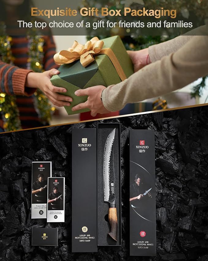 XINZUO 10 Inch Brisket Carving Knife,67-Layer Damascus Steel,Razor Sharp Curved Butcher Breaking Knives For Meat Cutting With White Oak + Red G10 Gasket Handle