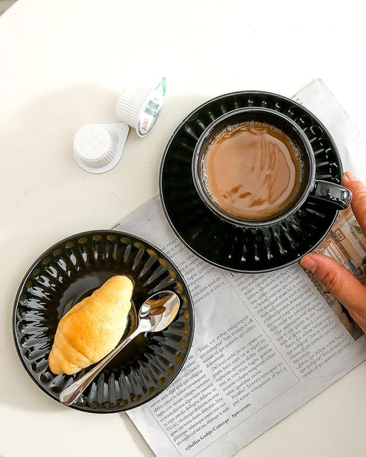 Hasense Ceramic Cappuccino Cups and Saucers - 8 Oz, Large Ribbed Coffee Mugs Set of 4 for Coffee,Tea,Latte and Macchiato, Demitasse Cups Set Aesthetic Gifty, Black