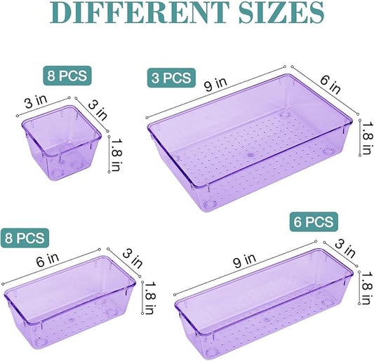 StorMiracle 25 PCS Drawer Organizer Set, 4 Varied Size Bathroom and kitchen Drawer cabinet organizer Trays, Clear Storage Bins for Makeup, Jewelry, Utensils and Gadgets, Purple