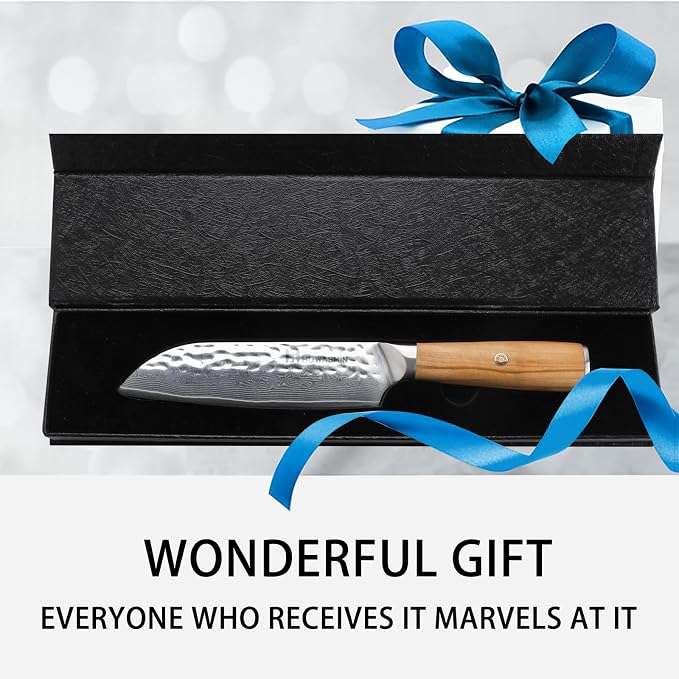 Damascus Santoku Knife 6.5 Inch Professiona Kitchen Knives VG-10 Damascus Steel Ultra-Sharp Santoku Japanese Chef Knife with Ergonomic Olive Wood Handle -Gift Box for Family & Restaurant