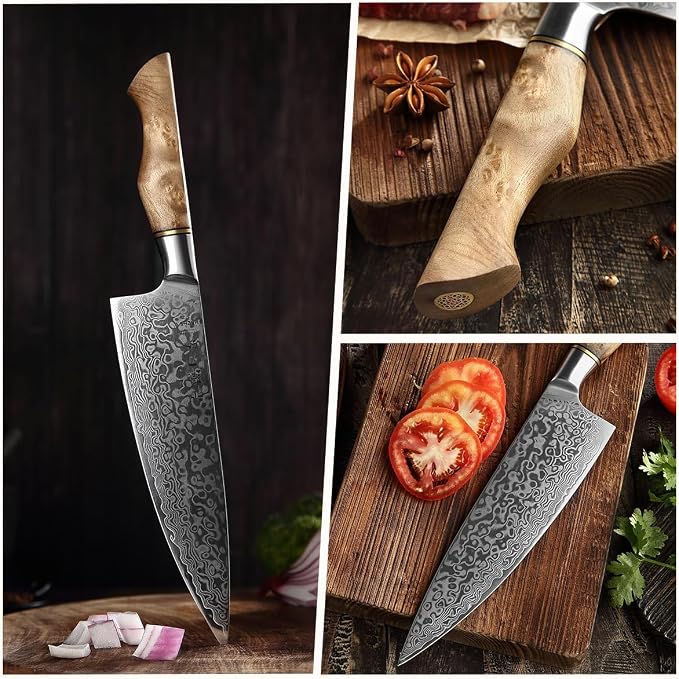 HEZHEN Damascus Chef Knife, 8.3 Inches | 67 Layers Damascus Steel, VG10 Gyuto Knife, Master Series, Figured Sycamore Wood Handle, Razor-Sharp Blade