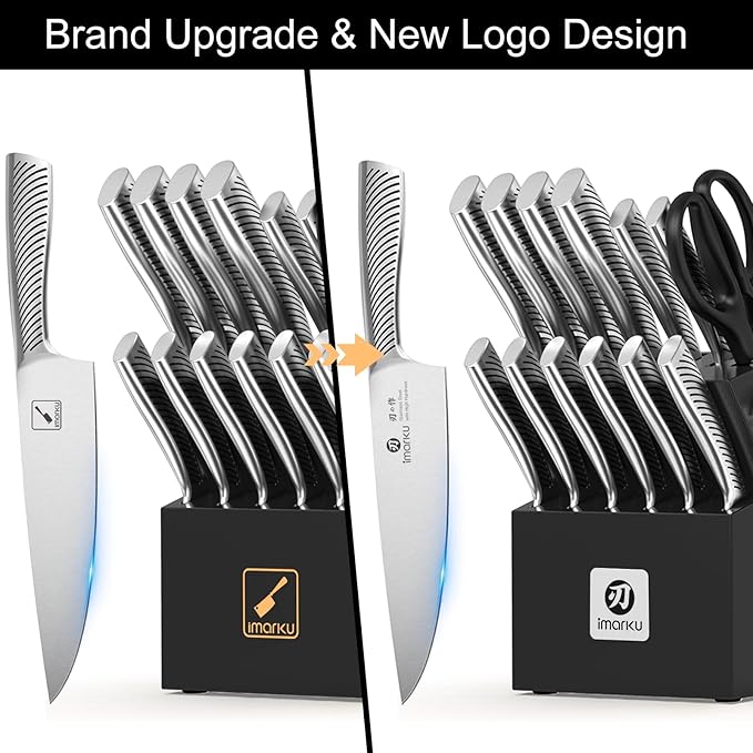imarku 14-Piece Knife Block Set, Knife Set with Block and Build-in Sharpener, Japanese Stainless Steel Knife Set for Lasting Sharpness, Dishwasher Safe, Black