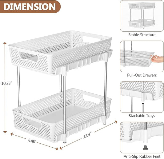 DABIGE 4 Pack Pull Out Bathroom Organizers and Storage, 2 Tier Stackable Under Sink Storage Organizer for Bathroom, Kitchen Cabinet, Pantry, and Medicine Holder, Organization and Storage - White