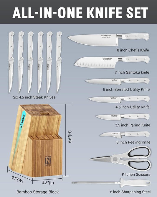 Cook N Home Basics Bamboo Kitchen Cutlery Block Set with Knifes, High Carbon Stainless Steel Blade, 15-Piece, White