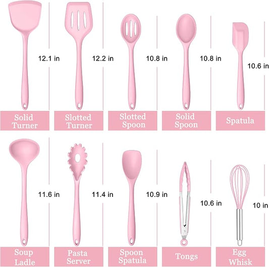 E-far Pink Silicone Cooking Utensils Set, 10-Piece Kitchen Utensil Set for Nonstick Cookware, Silicone Kitchen Tools with Spatula Turner Spoon Tongs Whisk, Heat Resistant & Non-Toxic, Dishwasher Safe