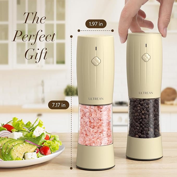 Ultrean Electric Salt and Pepper Grinder Set, USB-C Rechargeable, Salt and Pepper Shakers Spice Mill with 6 Adjustable Coarseness LED Light Larger Capacity, Kitchen Gadget, Gift for Women Mom, Cream