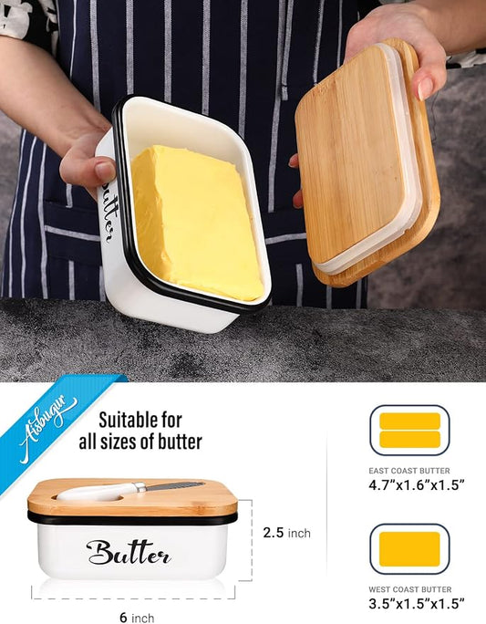 Butter Dish with Lid for Countertop, AISBUGUR Metal Butter Keeper with Stainless Steel Multipurpose Butter Knife, Butter Container with Double High-quality Silicone Good Kitchen Gift Set of 2 White