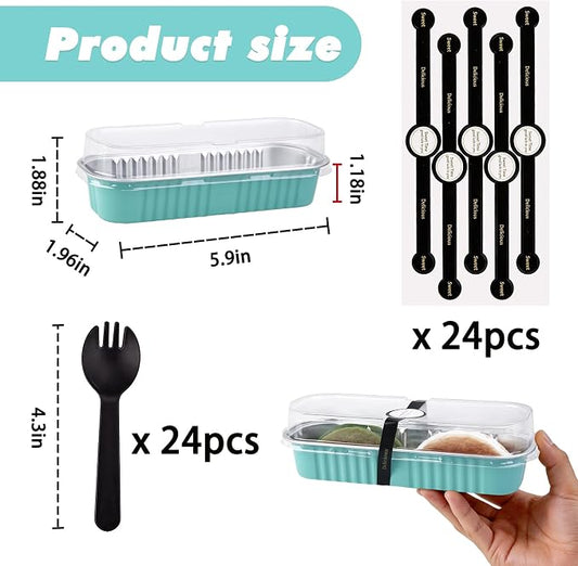 24 Pack Mini Loaf Pans, 7.5oz Mini Cake Pan & Mini Cupcake Pan Set โ Disposable Aluminum Baking Pans with Lids, Spoons & Stickers, Premium Sturdy Gift Set for Cakes, Cupcakes, Desserts & Party Treats